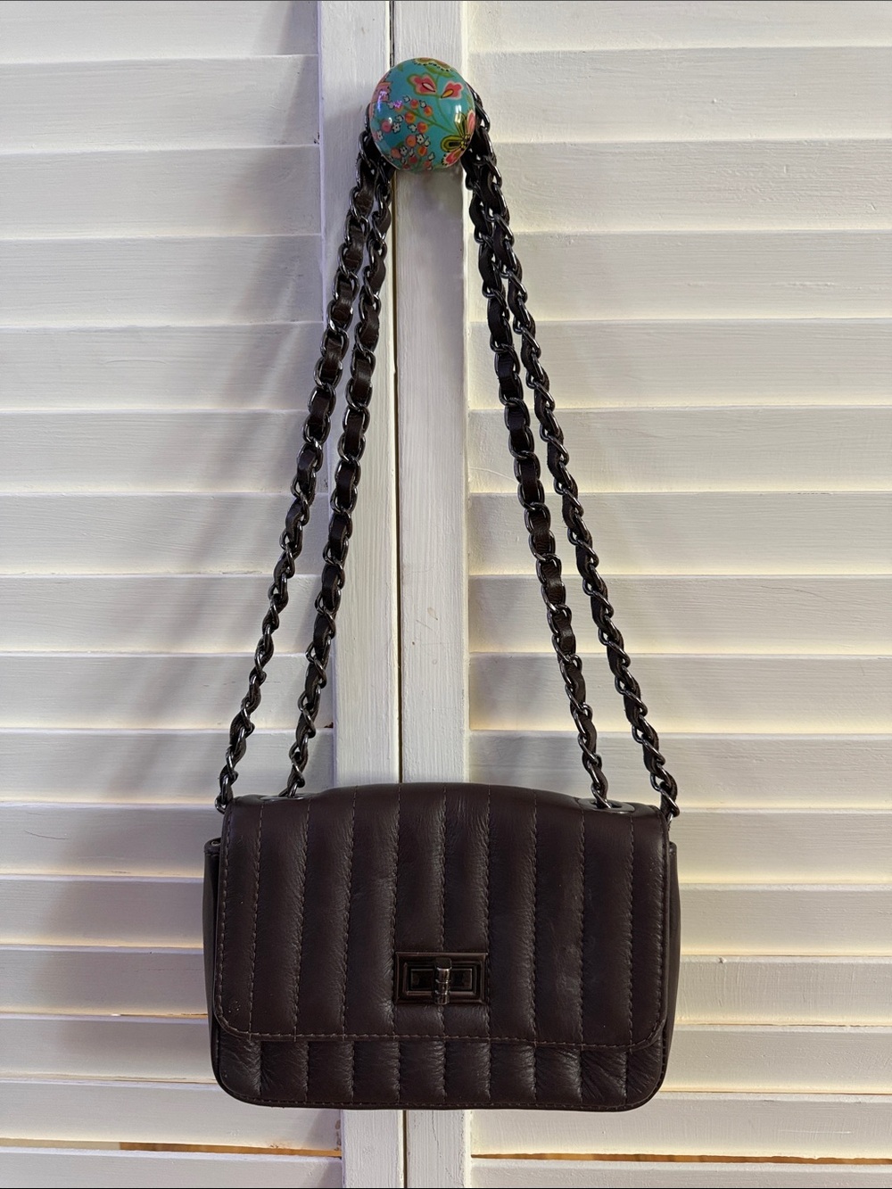 Persaman New York Made In Italy Quilted Dark Brown Shoulder Bag with Chain Strap
